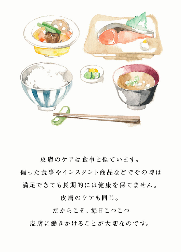 皮膚のケアは食事と似ています。偏った食事やインスタント商品などでその時は満足できても長期的には健康を保てません。