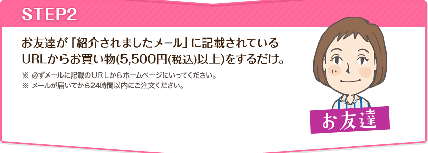 STEP2 お友達が「紹介されましたメール」に記載されているURLからお買い物(5,500円(税込)以上）をするだけ。