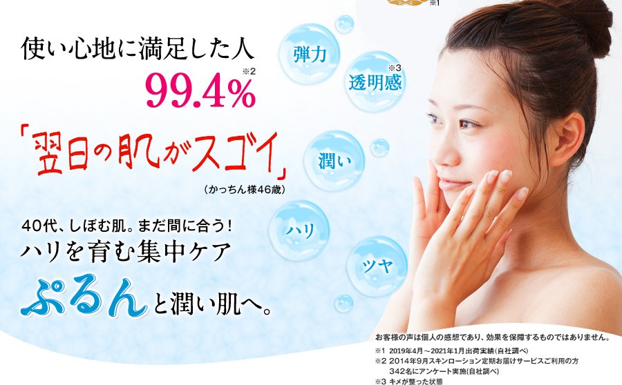 使い心地に満足した人 99.4％ 「翌日の肌がスゴイ」 40代、しぼむ肌。まだ間に合う！ ハリを育む集中ケア ぷるんと潤い肌へ。