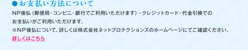 ●お支払い方法について NP後払（郵便局・コンビニ・銀行でご利用いただけます）・クレジットカード・代金引換でのお支払いがご利用いただけます。※ＮＰ後払について、詳しくは株式会社ネットプロテクションズのホームページにてご確認ください。